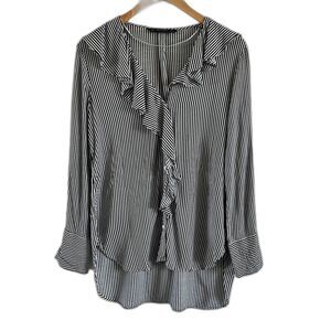 Zara Black Striped Ruffle Collar Shirt Small